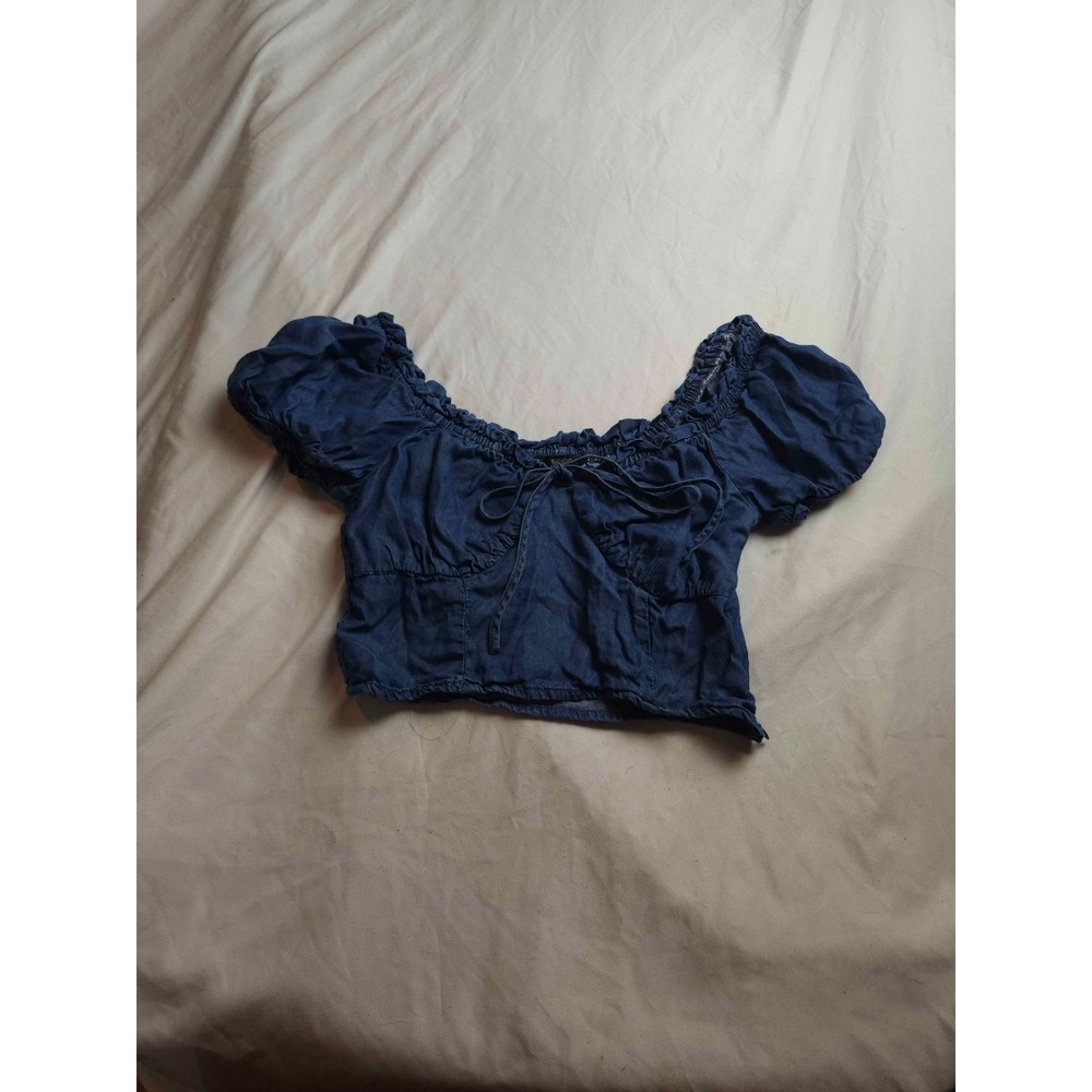 Blashe Blouse Top Womens Small Blue Denim Off The Shoulder Cropped‎ Ruffle Trim